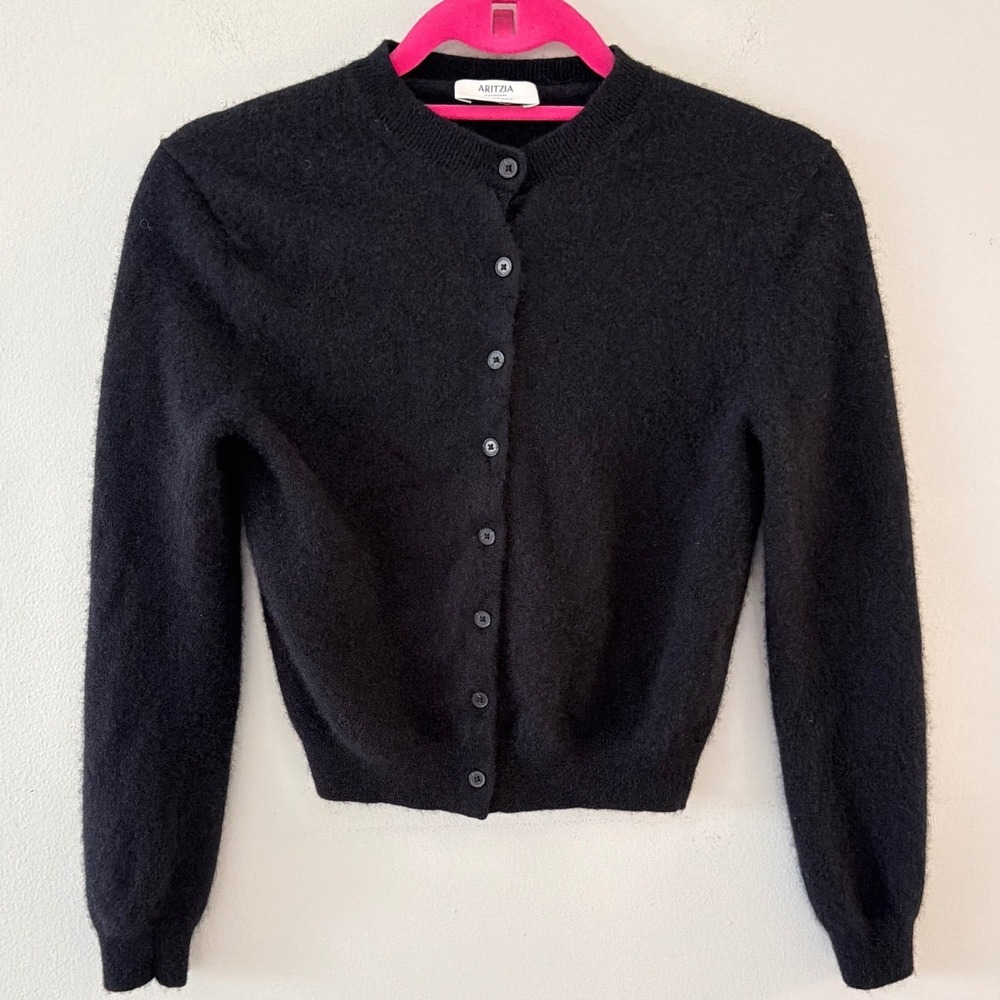 Aritzia Cashmere Cardigan Sweater Black Crew Neck Button Front XS 121635